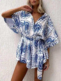 Printed Tie Waist Half Sleeve Romper - Trendsi - Flyclothing LLC