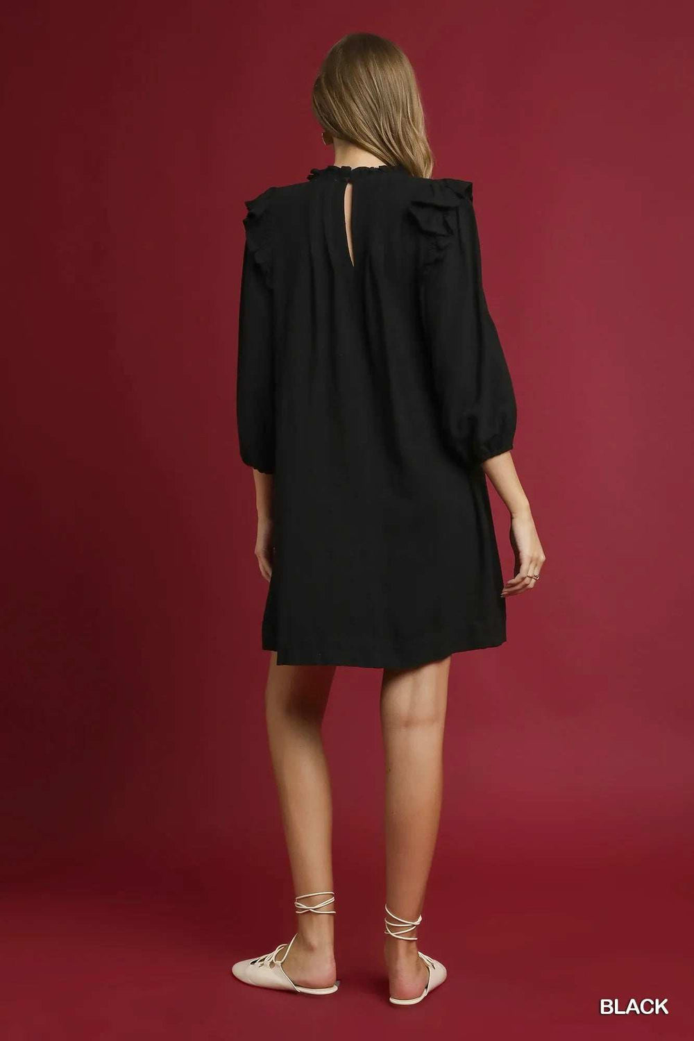 Umgee Linen Ruffle Shoulder Pleated Babydoll Dress - Trendsi - Flyclothing LLC