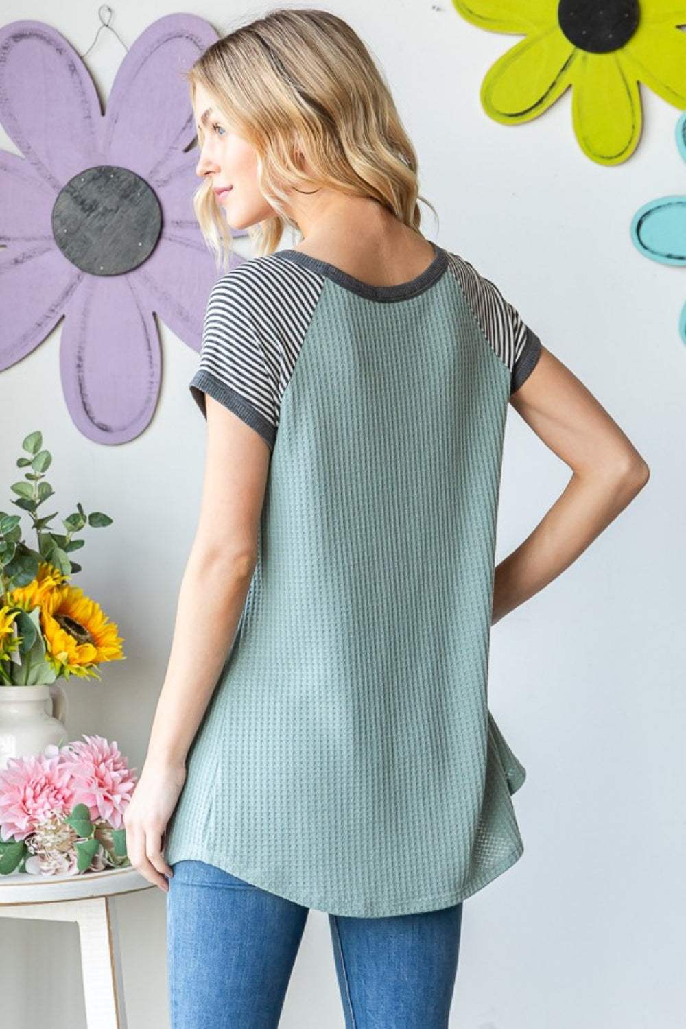 Heimish Full Size Striped Short Sleeve Waffle T-Shirt - Trendsi - Flyclothing LLC
