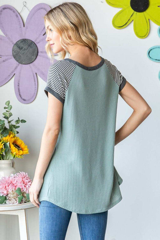 Heimish Full Size Striped Short Sleeve Waffle T-Shirt - Trendsi - Flyclothing LLC