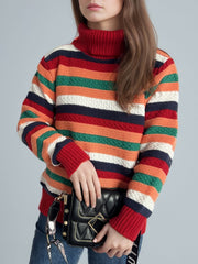 Contrast Stripes Turtleneck Long Sleeve Sweater - Trendsi