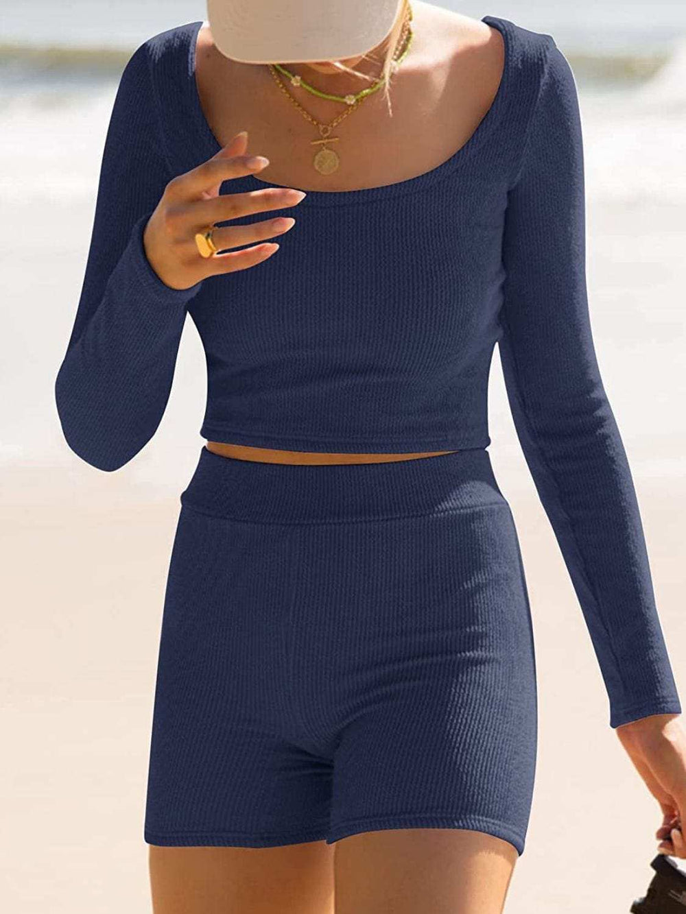 Scoop Neck Long Sleeve Top and Shorts Set - Trendsi - Flyclothing LLC
