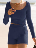 Scoop Neck Long Sleeve Top and Shorts Set - Trendsi - Flyclothing LLC