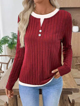 Ribbed Knit Long Sleeve Fake Two-Piece T-Shirt - Trendsi - Flyclothing LLC