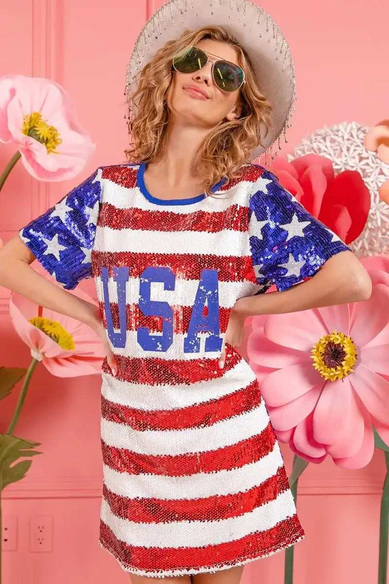 BiBi American Flag Theme Usa Print Sequin Dress - Trendsi - Flyclothing LLC