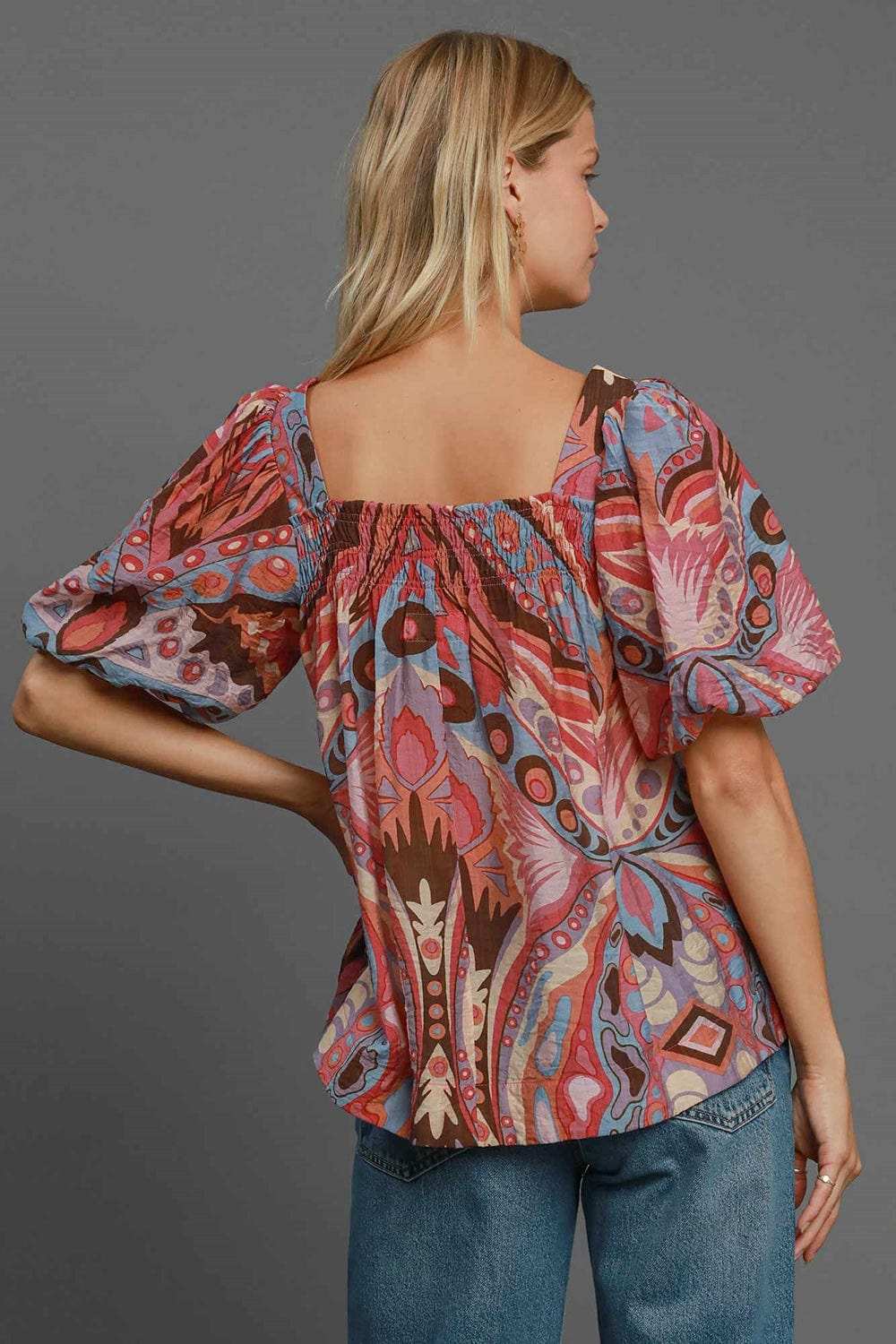 Umgee Full Size Abstract Print Smocked Square Neck Puff Sleeve Blouse - Trendsi - Flyclothing LLC
