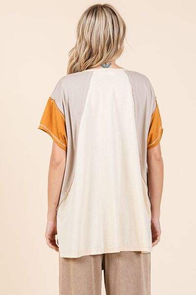Mittoshop Color Block V-Neck Short Sleeve T-Shirt - Trendsi - Flyclothing LLC