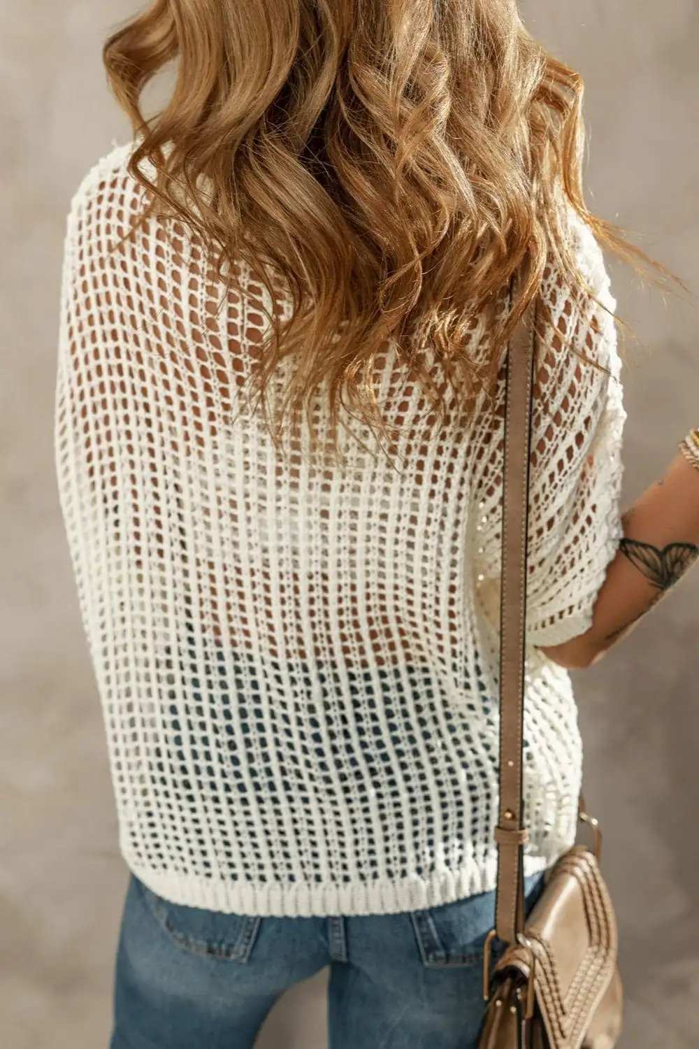 Openwork Round Neck Half Sleeve Knit Cover Up - Trendsi - Flyclothing LLC