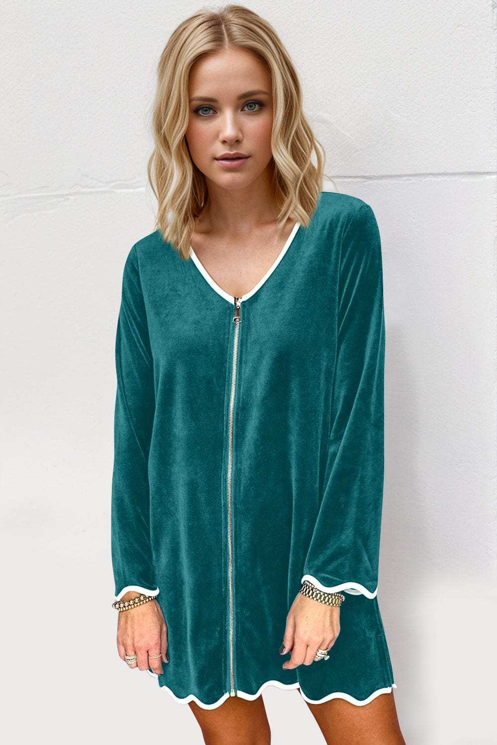 Double Take Wave Contrast Trim V-Neck Zip Up Long Sleeve Mini Dress - Trendsi - Flyclothing LLC