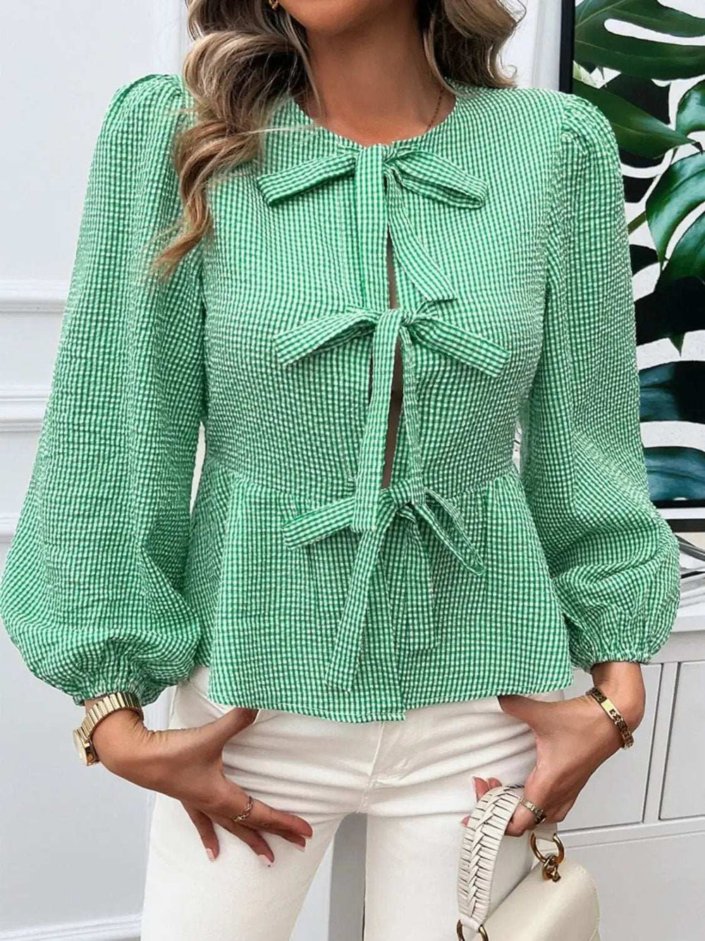 Devine Tied Round Neck Long Sleeve Blouse - Trendsi - Flyclothing LLC