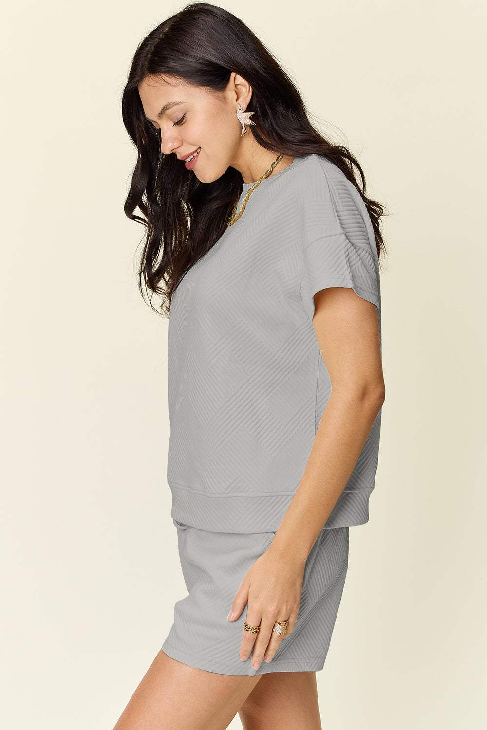 Double Take Full Size Texture Short Sleeve T-Shirt and Drawstring Shorts Set - Trendsi - Flyclothing LLC