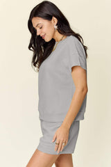 Double Take Full Size Texture Short Sleeve T-Shirt and Drawstring Shorts Set - Trendsi - Flyclothing LLC
