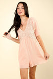 VERY J Lace Detail Puff Sleeve Romper with Pockets - Trendsi