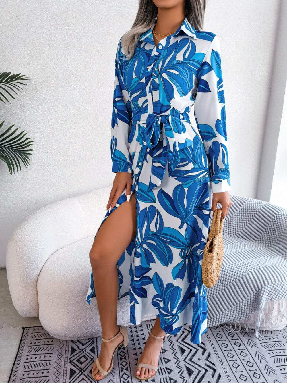 Tied Button Up Long Sleeve Dress - Trendsi - Flyclothing LLC
