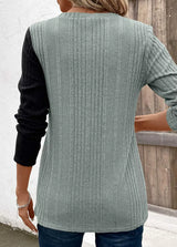 Color Block Ribbed Knit Decor Button T-Shirt - Trendsi - Flyclothing LLC
