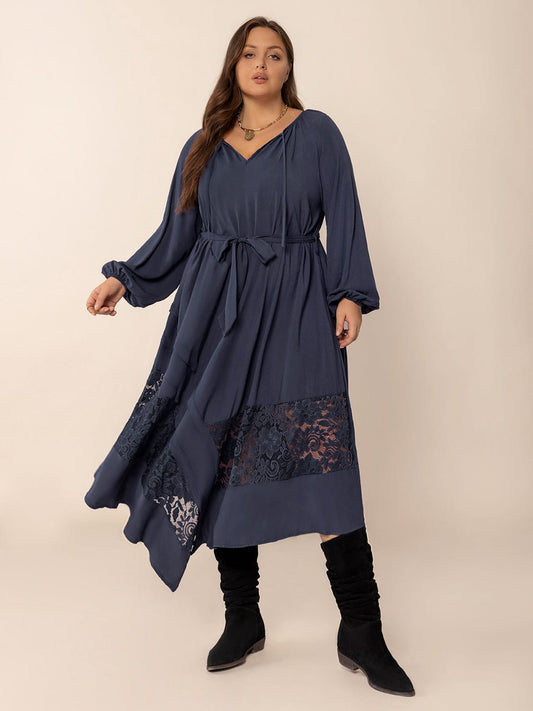Plus Size Lace Detail Tie Neck Long Sleeve Midi Dress - Trendsi