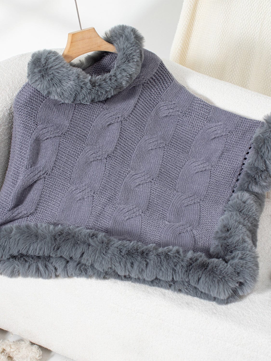 Fuzzy Hem Cable-Knit Poncho - Trendsi