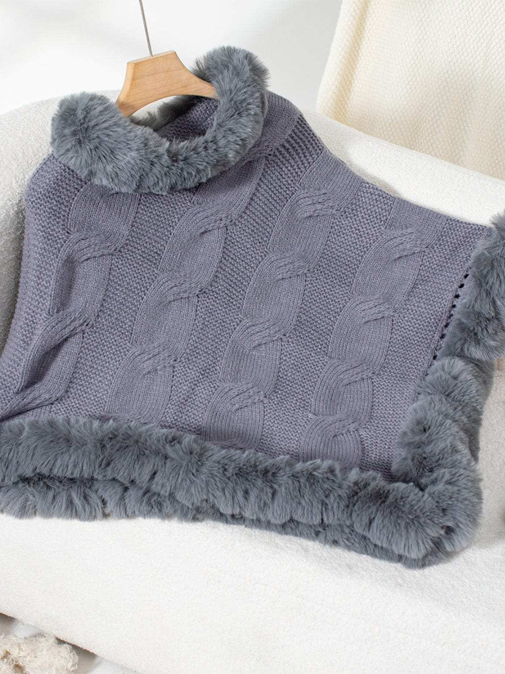 Fuzzy Hem Cable-Knit Poncho - Trendsi - Flyclothing LLC