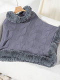 Fuzzy Hem Cable-Knit Poncho - Trendsi