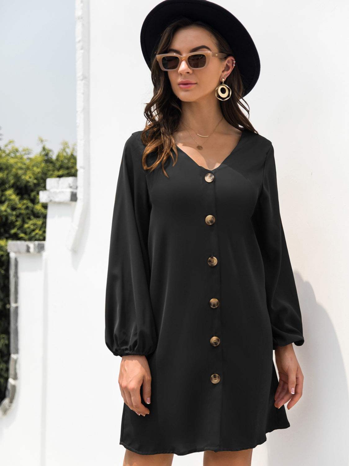 V-Neck Long Sleeve Mini Dress - Trendsi - Flyclothing LLC
