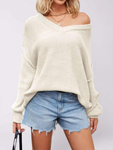 V-Neck Loose Knit Drop Shoulder Sweater - Trendsi - Flyclothing LLC