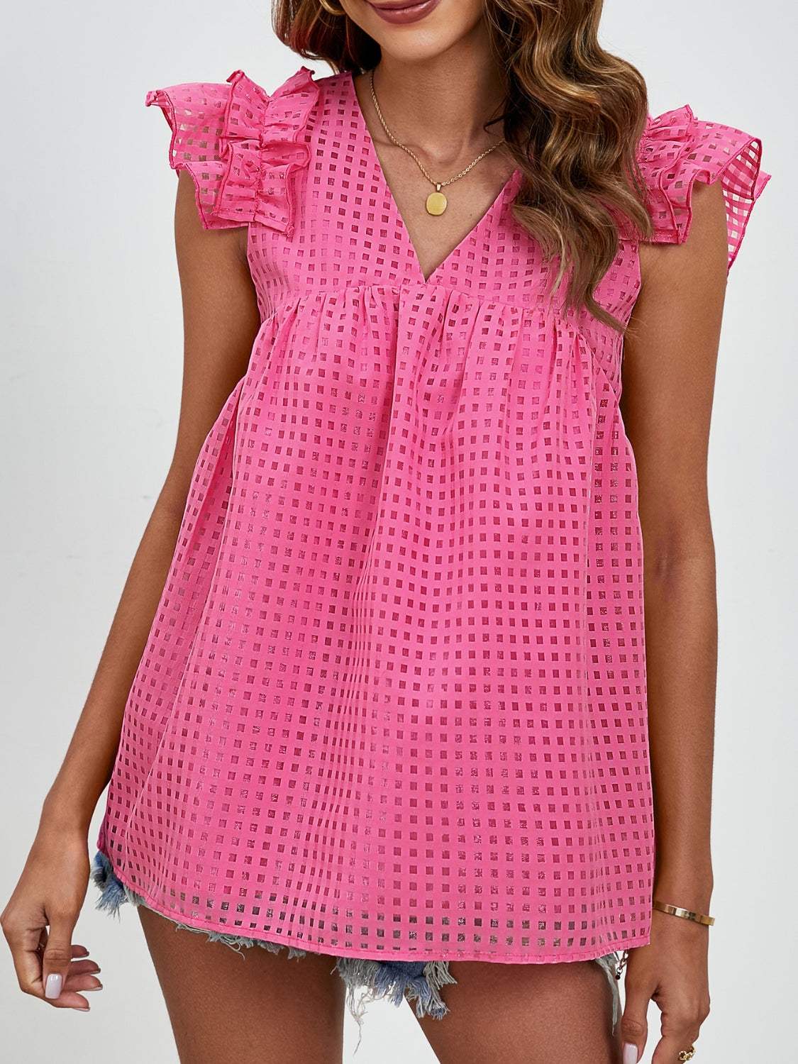 Ruched V-Neck Cap Sleeve Blouse - Trendsi - Flyclothing LLC