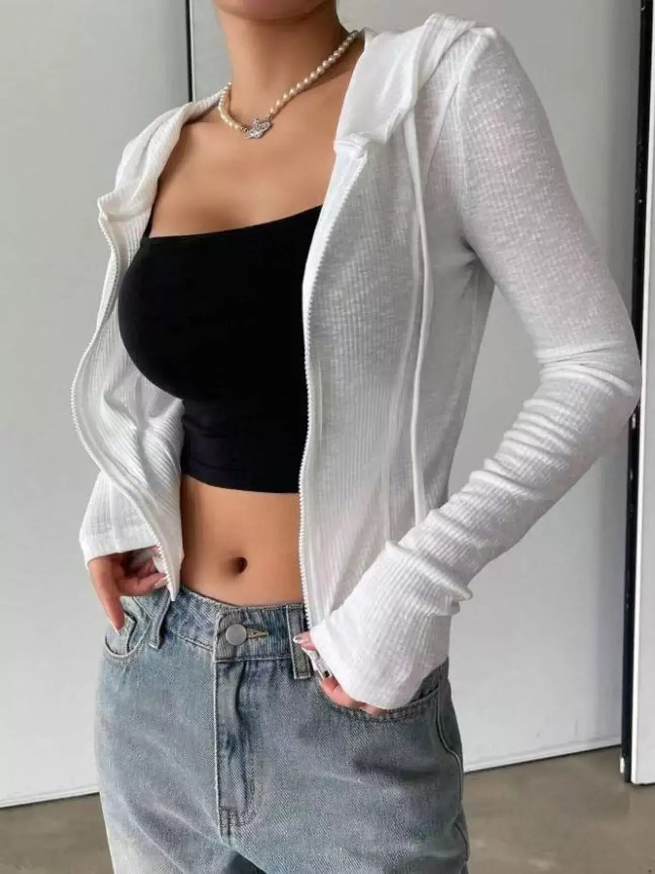 Ribbed Knit Cropped Zip-Up Outerwear - Trendsi - Flyclothing LLC