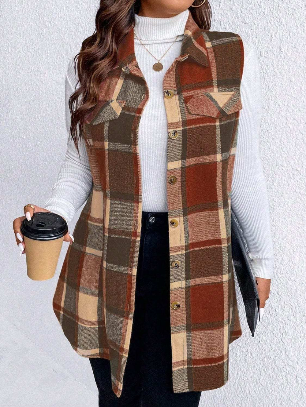 Honey Plus Size Pocketed Plaid Button Up Vest Coat - Trendsi - Flyclothing LLC