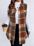 Honey Plus Size Pocketed Plaid Button Up Vest Coat - Trendsi - Flyclothing LLC
