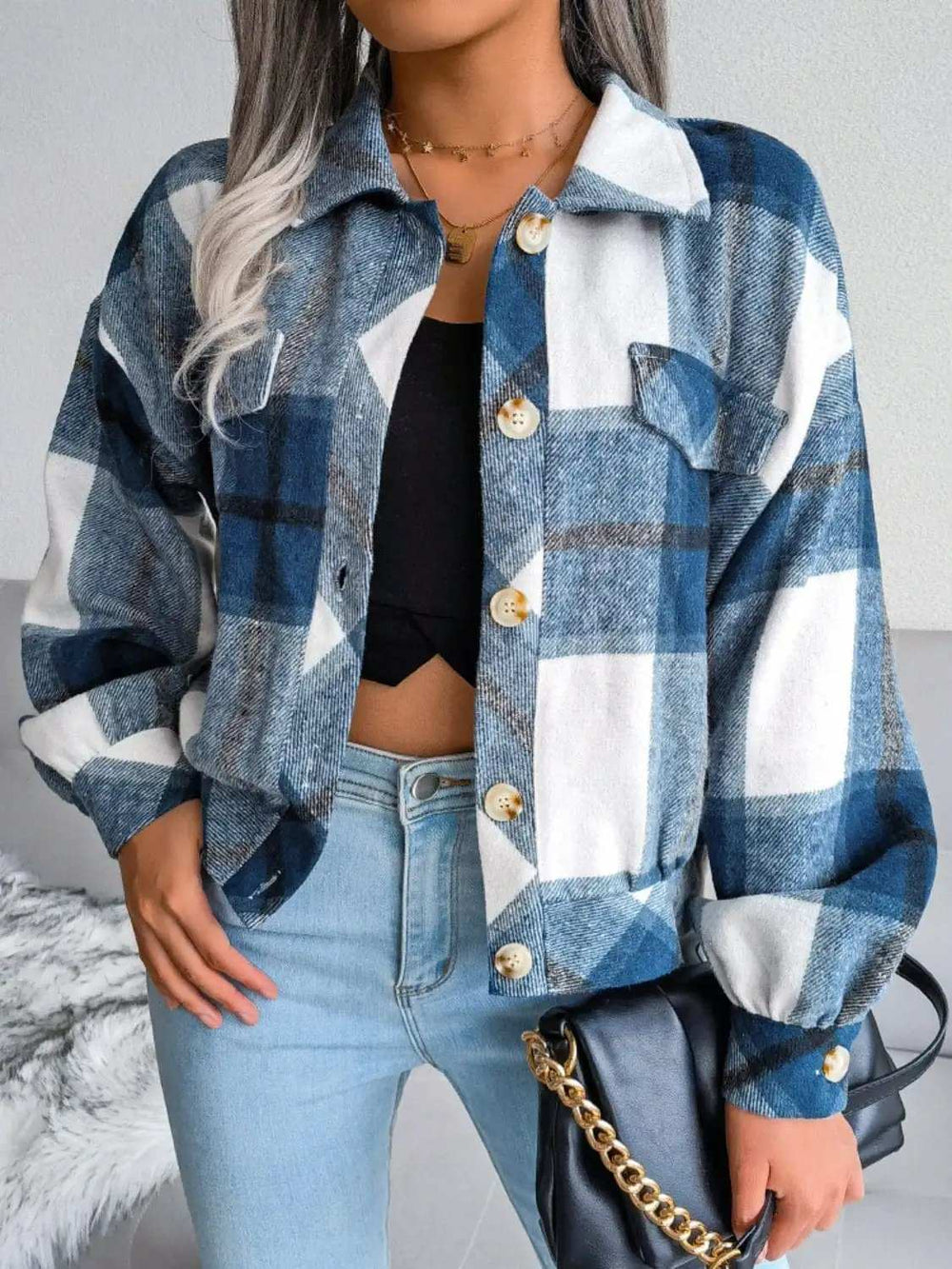 Plaid Collared Neck Long Sleeve Jacket - Trendsi - Flyclothing LLC