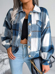 Plaid Collared Neck Long Sleeve Jacket - Trendsi