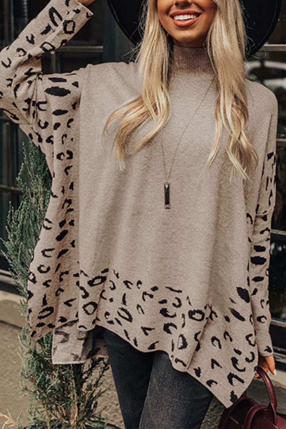 Slit Leopard Mock Neck Dropped Shoulder Sweater - Trendsi - Flyclothing LLC