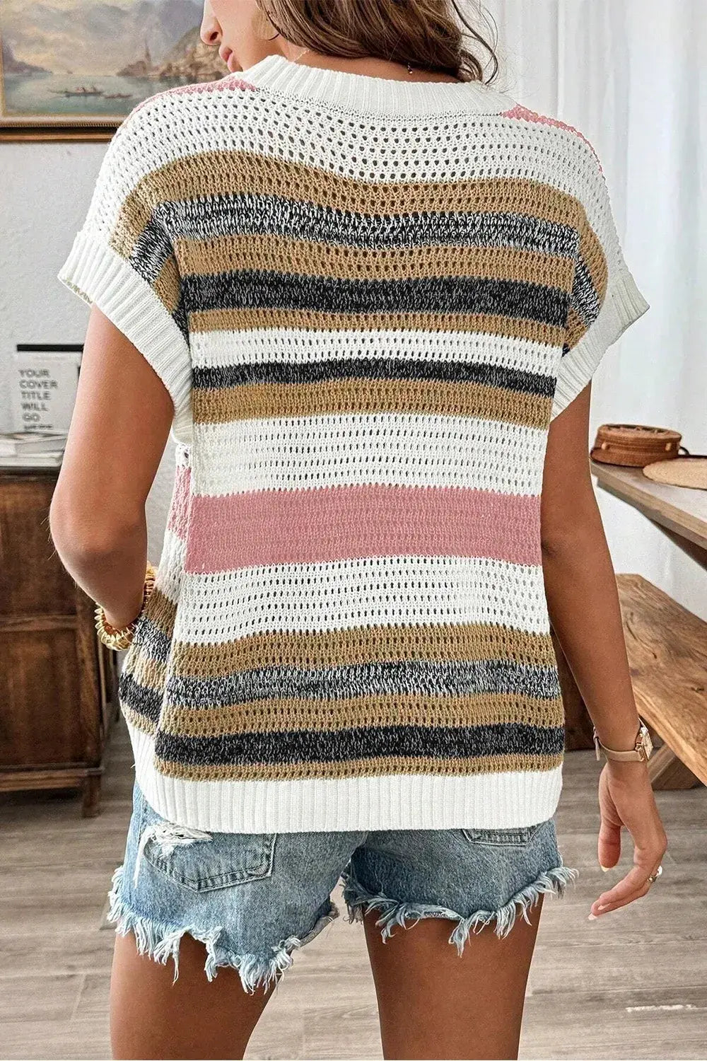 Stripe Color Block Eyelet Knit Short Sleeve Knit Top - Trendsi - Flyclothing LLC