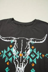 Bull Head Skull Round Neck Short Sleeve T Shirt - Trendsi - Flyclothing LLC