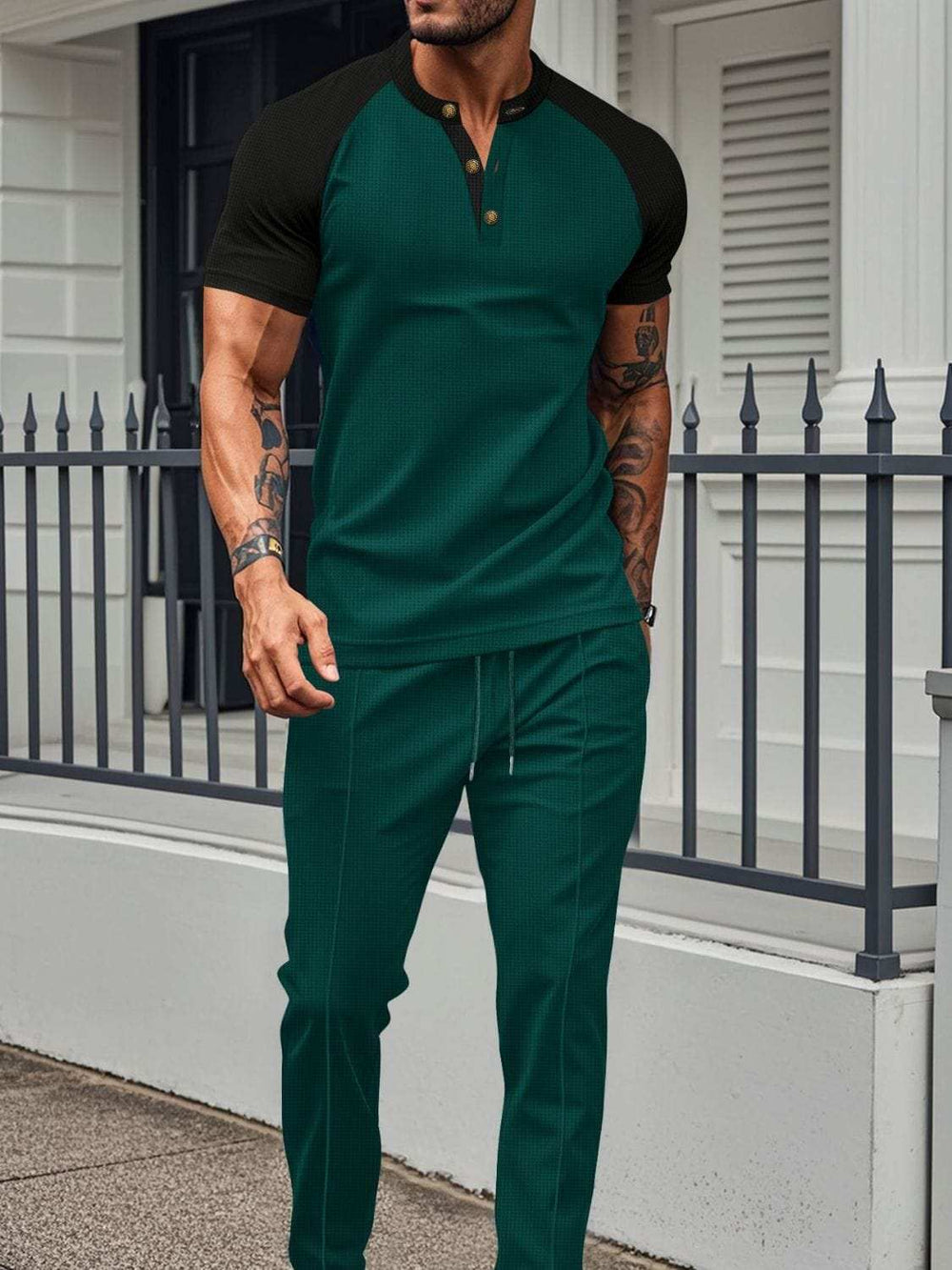 Men's Full Size Waffle-Knit Contrast Top and Drawstring Pants Set Plus Size - Trendsi - Flyclothing LLC