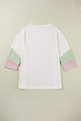 Color Block Ribbed Knit Three-Quarter Sleeve Top - Trendsi - Flyclothing LLC