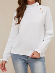 Decorative Button Turtleneck Long Sleeve T-Shirt - Trendsi