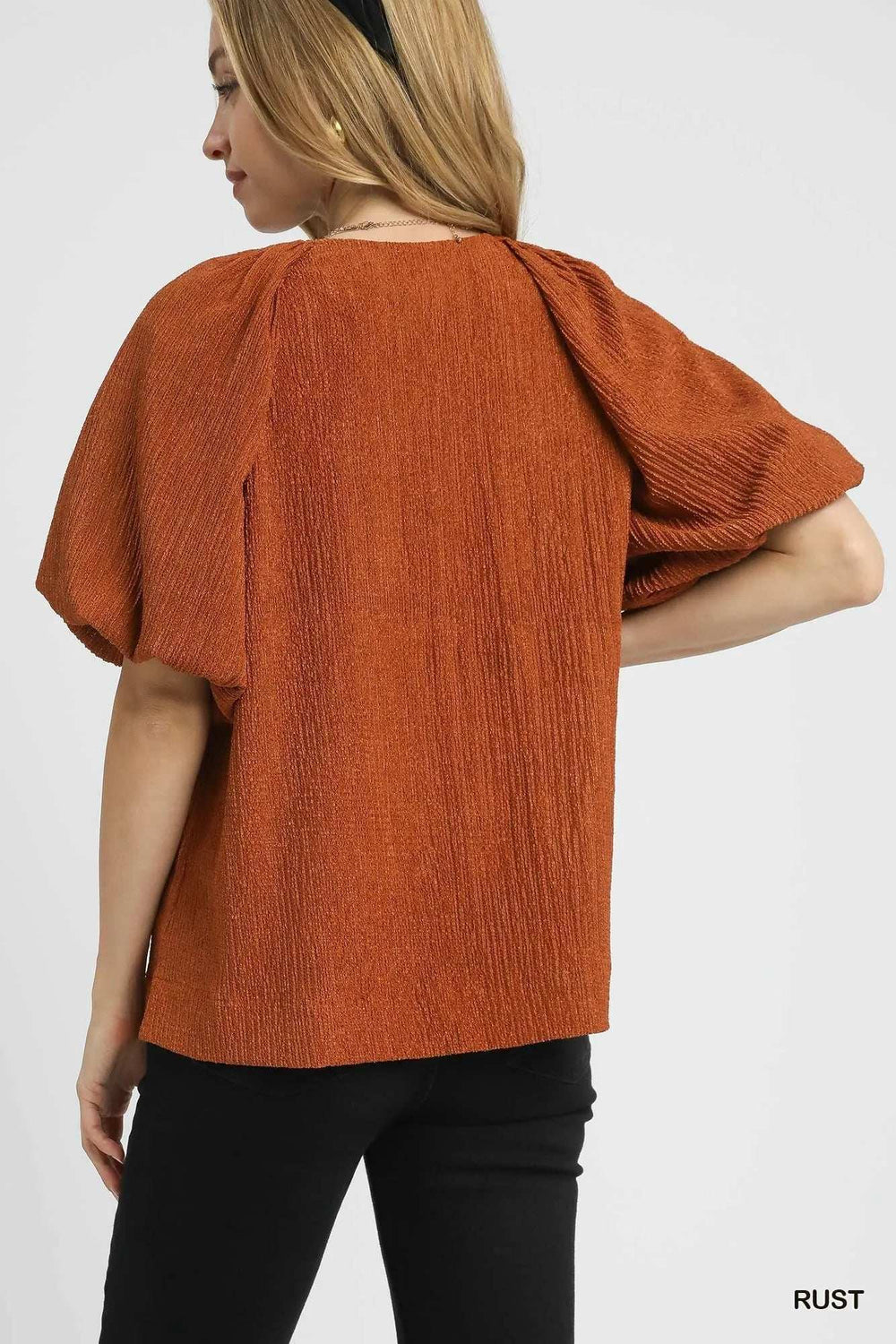 Umgee Textured Flutter Sleeve Notch Neck Top - Trendsi - Flyclothing LLC