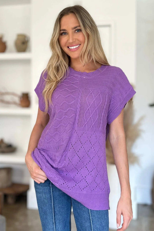 Double Take Full Size Cable-Knit Round Neck Cap Sleeve Sweater - Trendsi - Flyclothing LLC