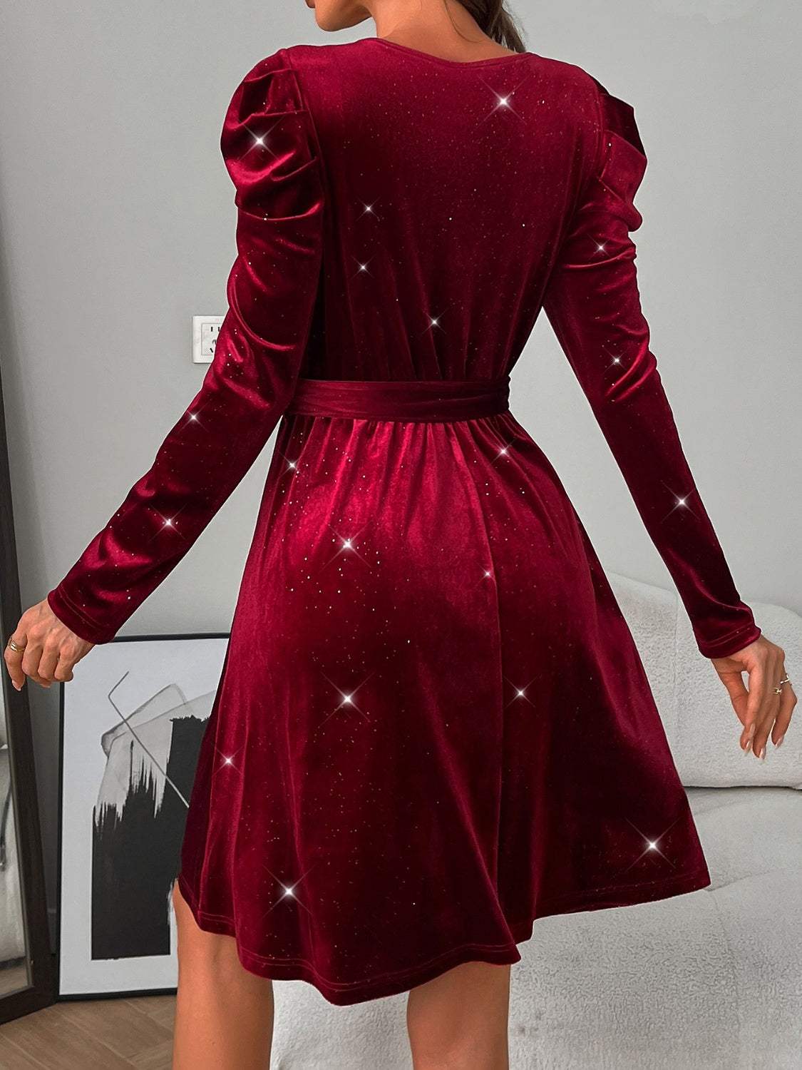 Glitter Round Neck Puff Sleeve Dress - Trendsi - Flyclothing LLC