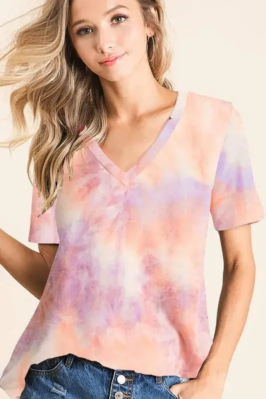 BiBi Tie Dye French Terry V Neck Top - Trendsi - Flyclothing LLC