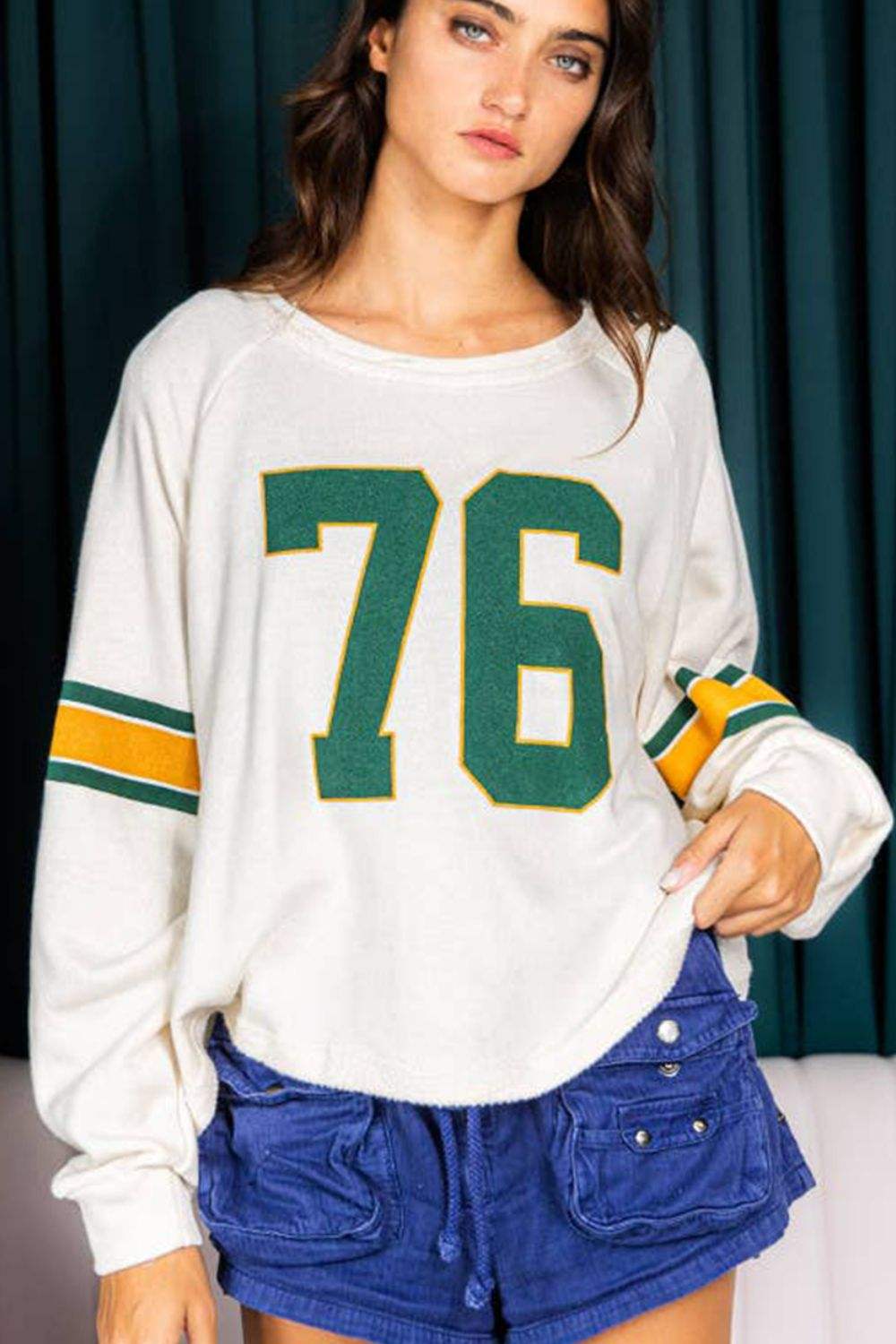 Number 76 Round Neck Long Sleeve Top - Trendsi - Flyclothing LLC