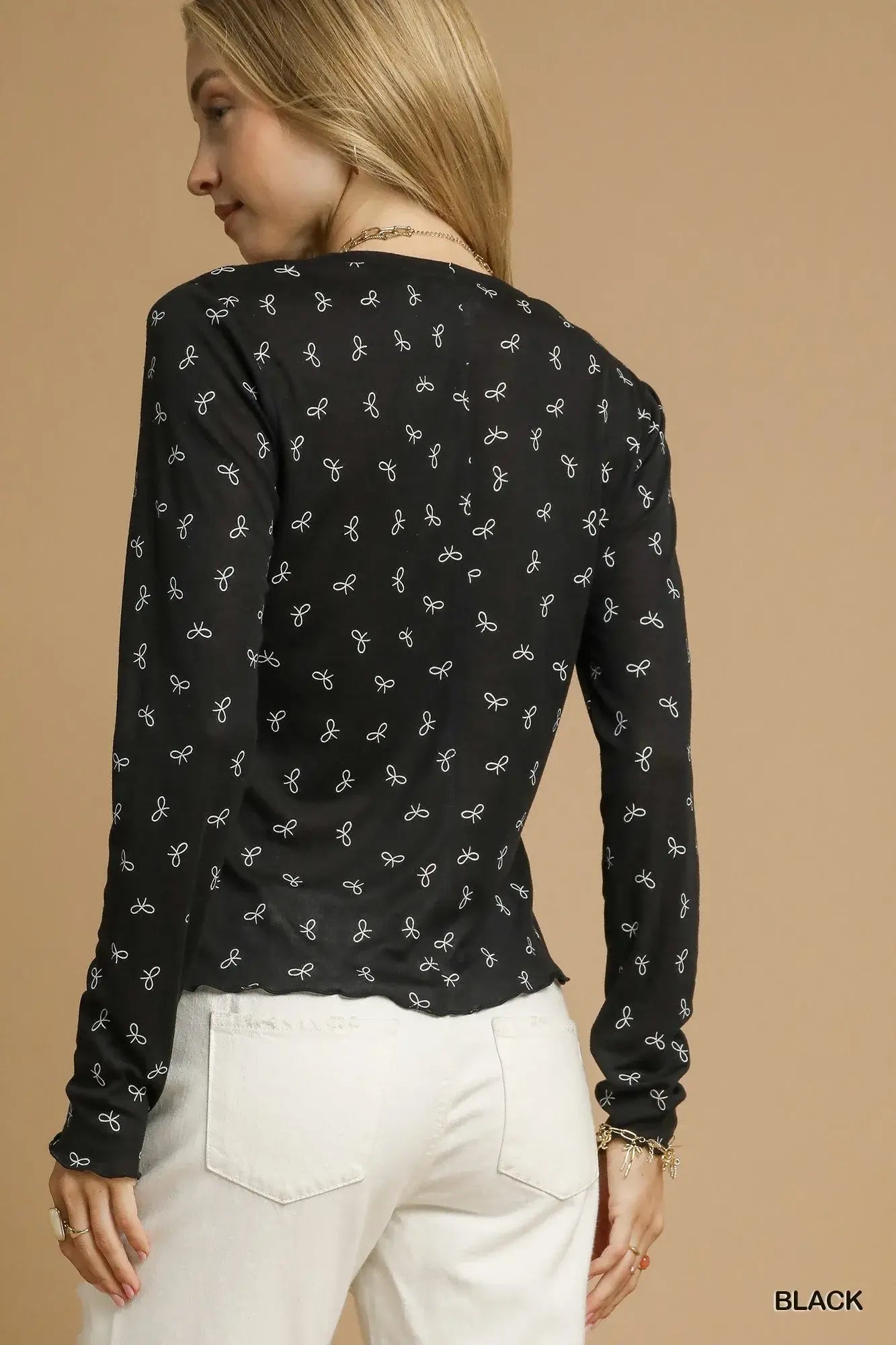 Umgee Bow Print Lightweight Knit Top - Trendsi - Flyclothing LLC