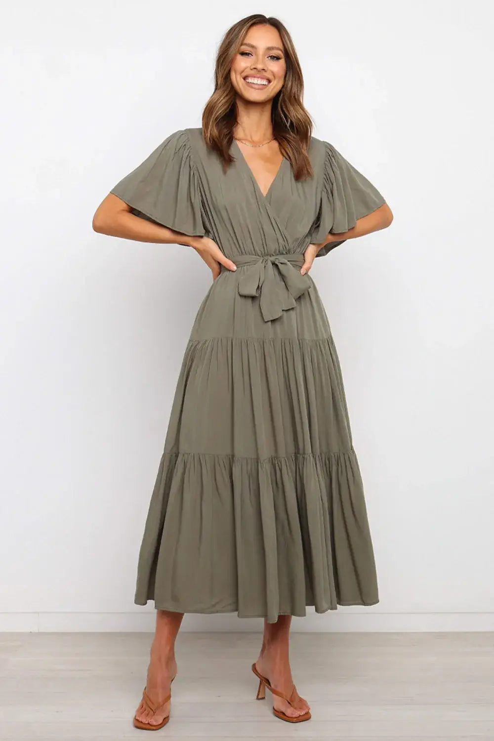 Tied Tiered Short Sleeve Midi Dress - Trendsi - Flyclothing LLC