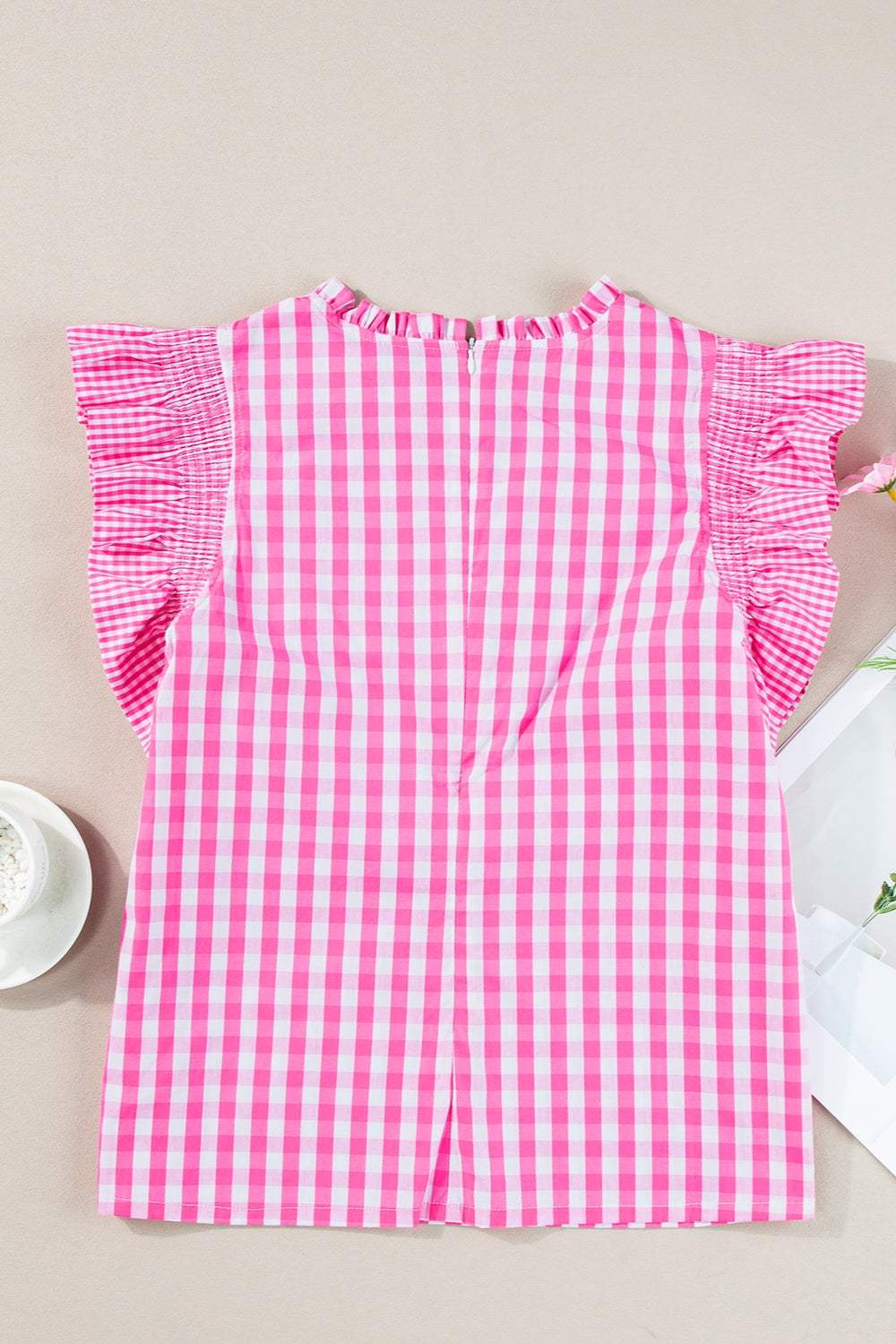 Ruffled Plaid Mock Neck Cap Sleeve Blouse - Trendsi - Flyclothing LLC