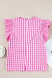 Ruffled Plaid Mock Neck Cap Sleeve Blouse - Trendsi - Flyclothing LLC