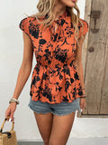 Printed Tie Neck Cap Sleeve Blouse - Trendsi