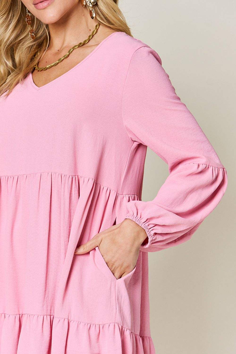 Double Take Full Size V-Neck Balloon Sleeve Tiered Dress - Trendsi - Flyclothing LLC