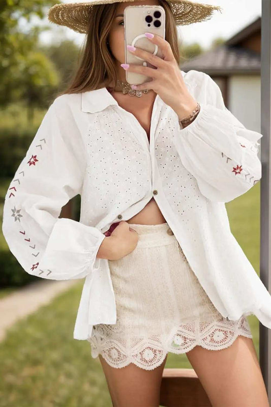 Eyelet Collared Neck Long Sleeve Shirt - Trendsi - Flyclothing LLC