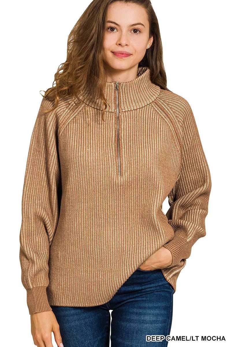 Zenana Ribbed Two Tone Half Zip Sweater - Trendsi - Flyclothing LLC